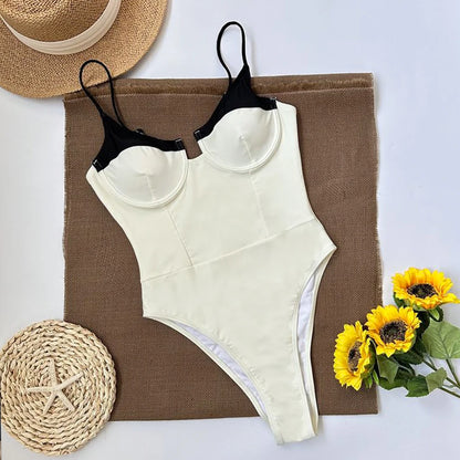 One Piece Swimsuit 2024 New Swimwear Black White Women Bathing Suit Beachwear Vintage Retro Monokini Swim Maillot de bain
