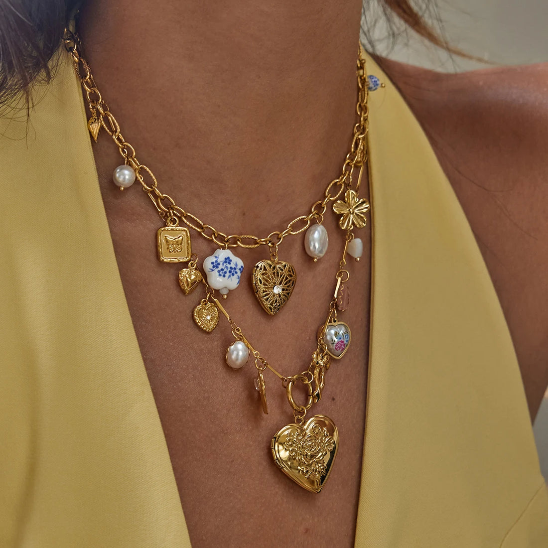 Steel Ceramic Pearl Heart Photo Box Pendant Necklace