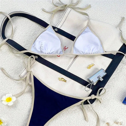 Vintage Blue Bikinis Set Triangle Border String Swimsuit Push Up Swimwear Backless Extrem Bikini Women Beach Outfit Bathing Suit