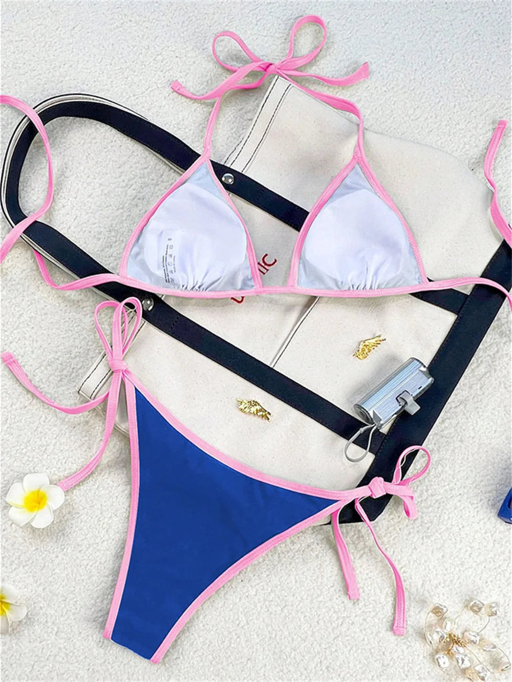 Vintage Blue Bikinis Set Triangle Border String Swimsuit Push Up Swimwear Backless Extrem Bikini Women Beach Outfit Bathing Suit