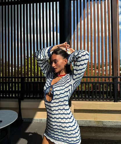 Sexy Boho Striped Chic V-neck Cut Out Bell Sleeve Knit Dress 2025 Summer Women Seaside Holiday Mini A-Line Dress K123