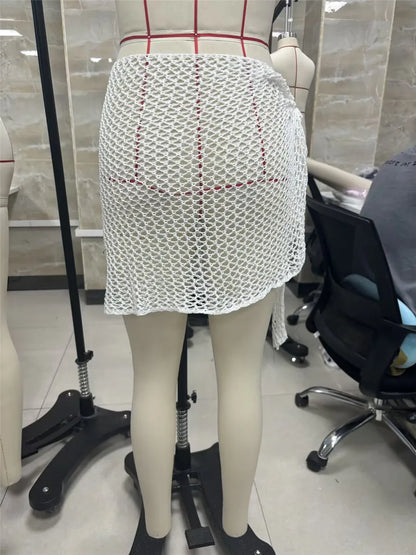 Women Beach Skirt Hollowed Solid Black White Yellow Green Knitted Mini Skirt For Women Summer Vacation Seaside Cover-Up Skirt