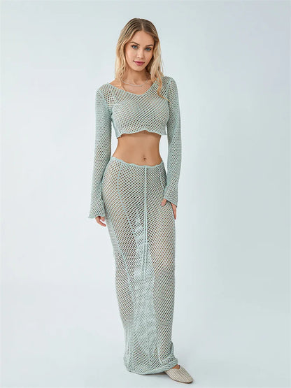 2 Piece Sets Women Bikini Cover-ups Crochet Knit Hollow Out Long Sleeve Smock Tops and Long Skirt Sets See Through Beach Wear