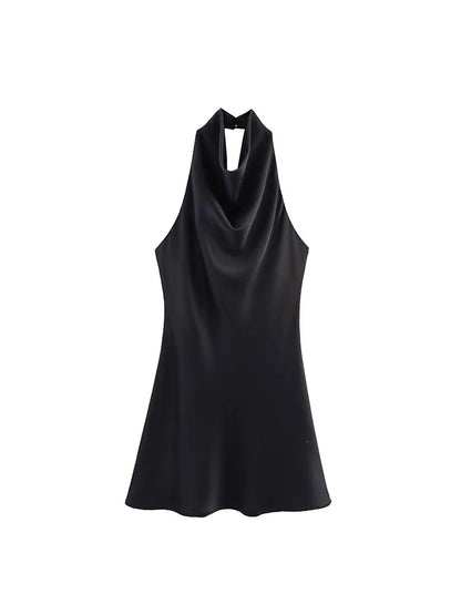 2026 Women Summer Halter Mini Dress Fashion Sexy Satin Backless Solid Female Elegant Street Party Dresses Clothing