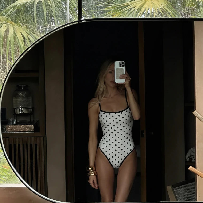 Polka Dots One Piece Swimsuit Women Bandage Swimwear Bodysuit Monokini High Leg Swim Suit Bathing Suit Beachwear