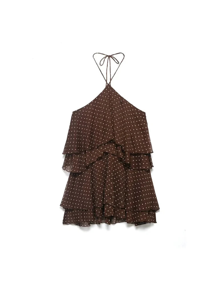 Women Mini Halter Dress 2026 Summer Fashion Polka Dot Cascading Ruffle Off the shoulder Female Elegant Street Dresses Clothes