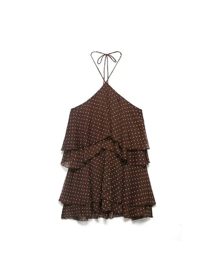 Women Mini Halter Dress 2026 Summer Fashion Polka Dot Cascading Ruffle Off the shoulder Female Elegant Street Dresses Clothes