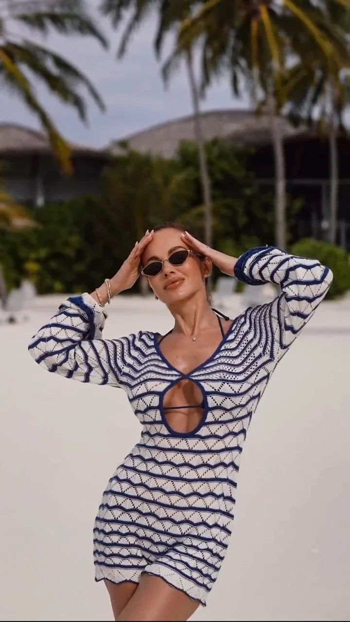 Sexy Boho Striped Chic V-neck Cut Out Bell Sleeve Knit Dress 2025 Summer Women Seaside Holiday Mini A-Line Dress K123
