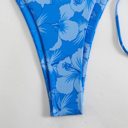 Flower Pendant Bikinis Sets Pink Floral Print Swimsuit Push Up Triangle String Backless Bikini Swimwear Women Beach Bathing Suit