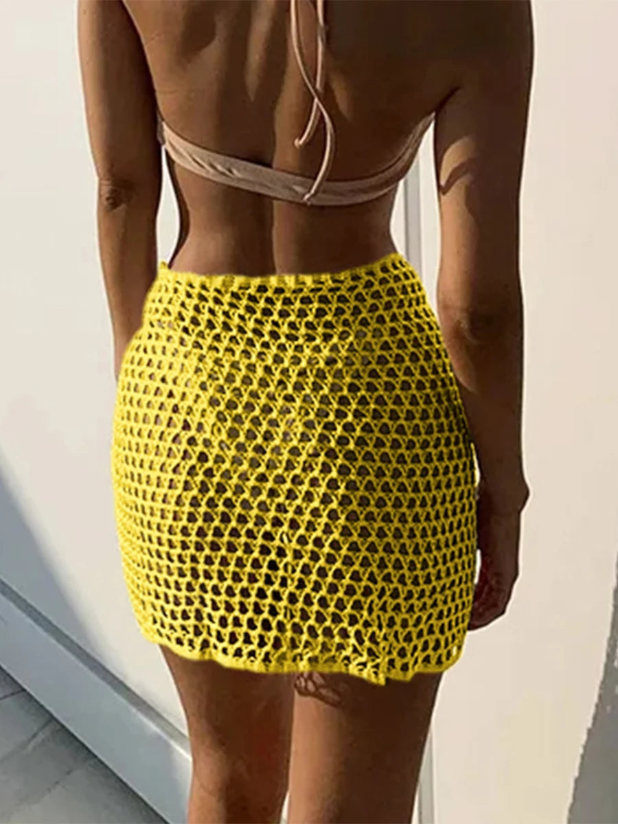 Women Beach Skirt Hollowed Solid Black White Yellow Green Knitted Mini Skirt For Women Summer Vacation Seaside Cover-Up Skirt