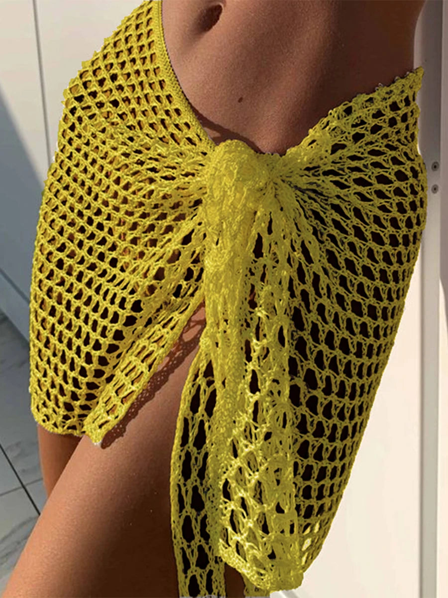 Women Beach Skirt Hollowed Solid Black White Yellow Green Knitted Mini Skirt For Women Summer Vacation Seaside Cover-Up Skirt