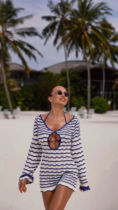 Sexy Boho Striped Chic V-neck Cut Out Bell Sleeve Knit Dress 2025 Summer Women Seaside Holiday Mini A-Line Dress K123