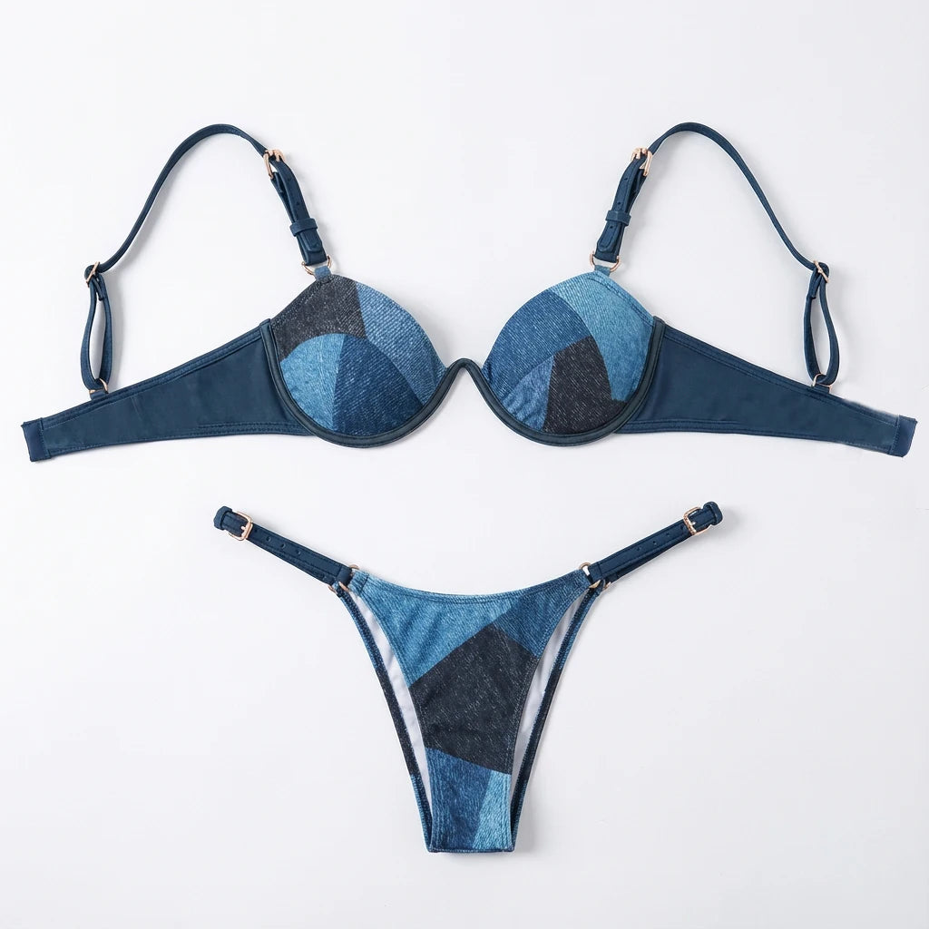 Leather Strap Bikini Underwire Bikini Set for Women Push Up High Cut Swimsuit Patchwork Two Piece Swimwear Resort Wear