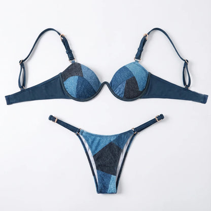Leather Strap Bikini Underwire Bikini Set for Women Push Up High Cut Swimsuit Patchwork Two Piece Swimwear Resort Wear