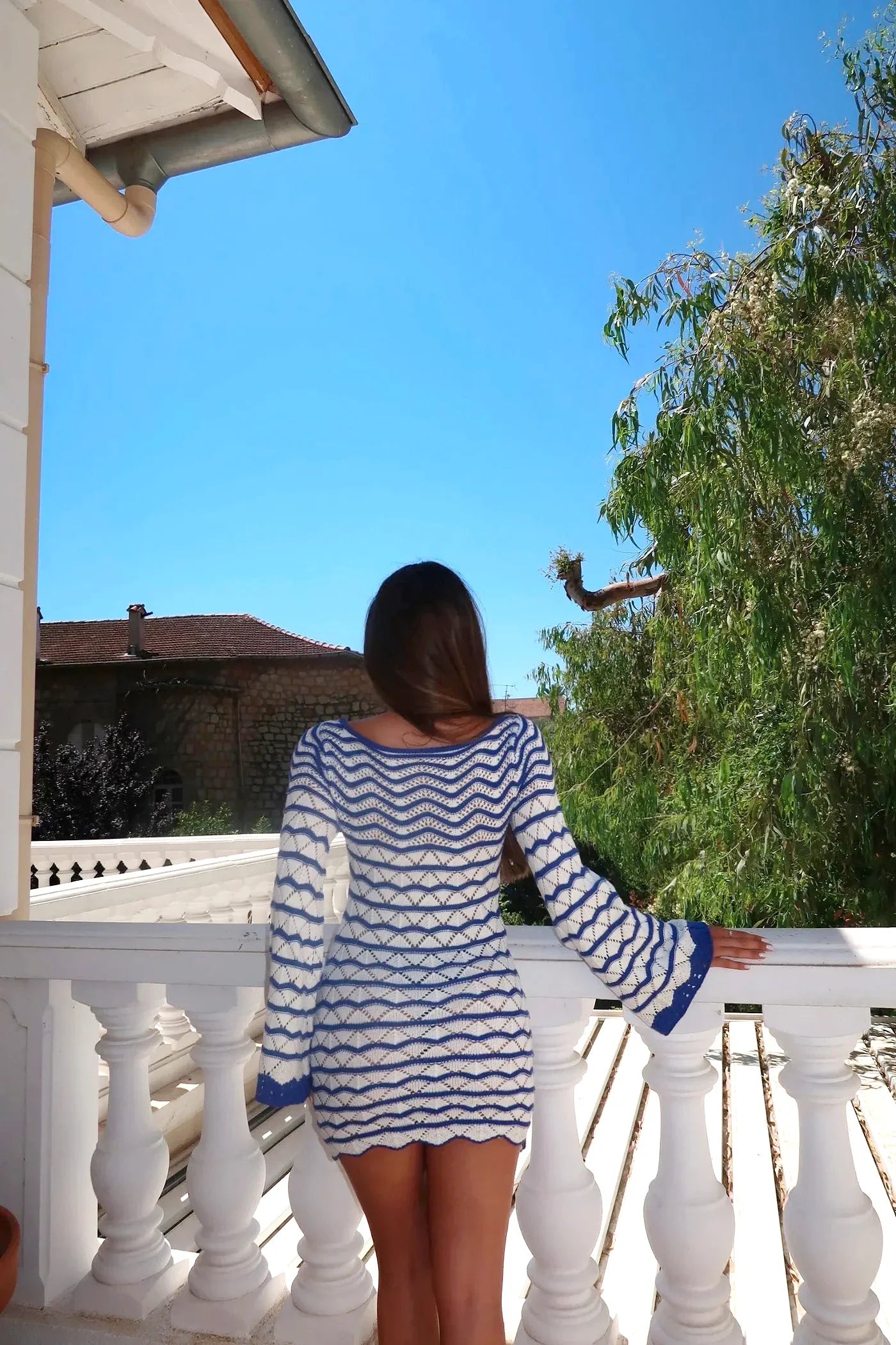 Sexy Boho Striped Chic V-neck Cut Out Bell Sleeve Knit Dress 2025 Summer Women Seaside Holiday Mini A-Line Dress K123