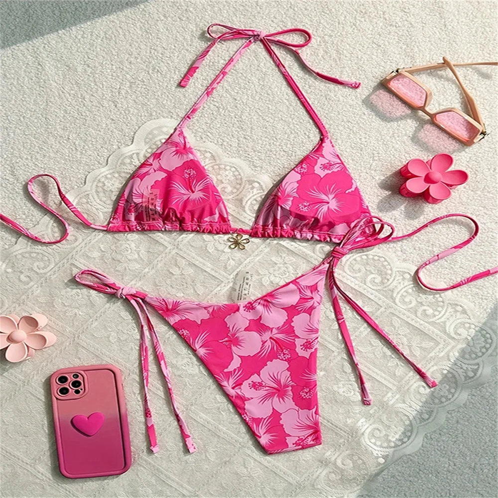 Flower Pendant Bikinis Sets Pink Floral Print Swimsuit Push Up Triangle String Backless Bikini Swimwear Women Beach Bathing Suit