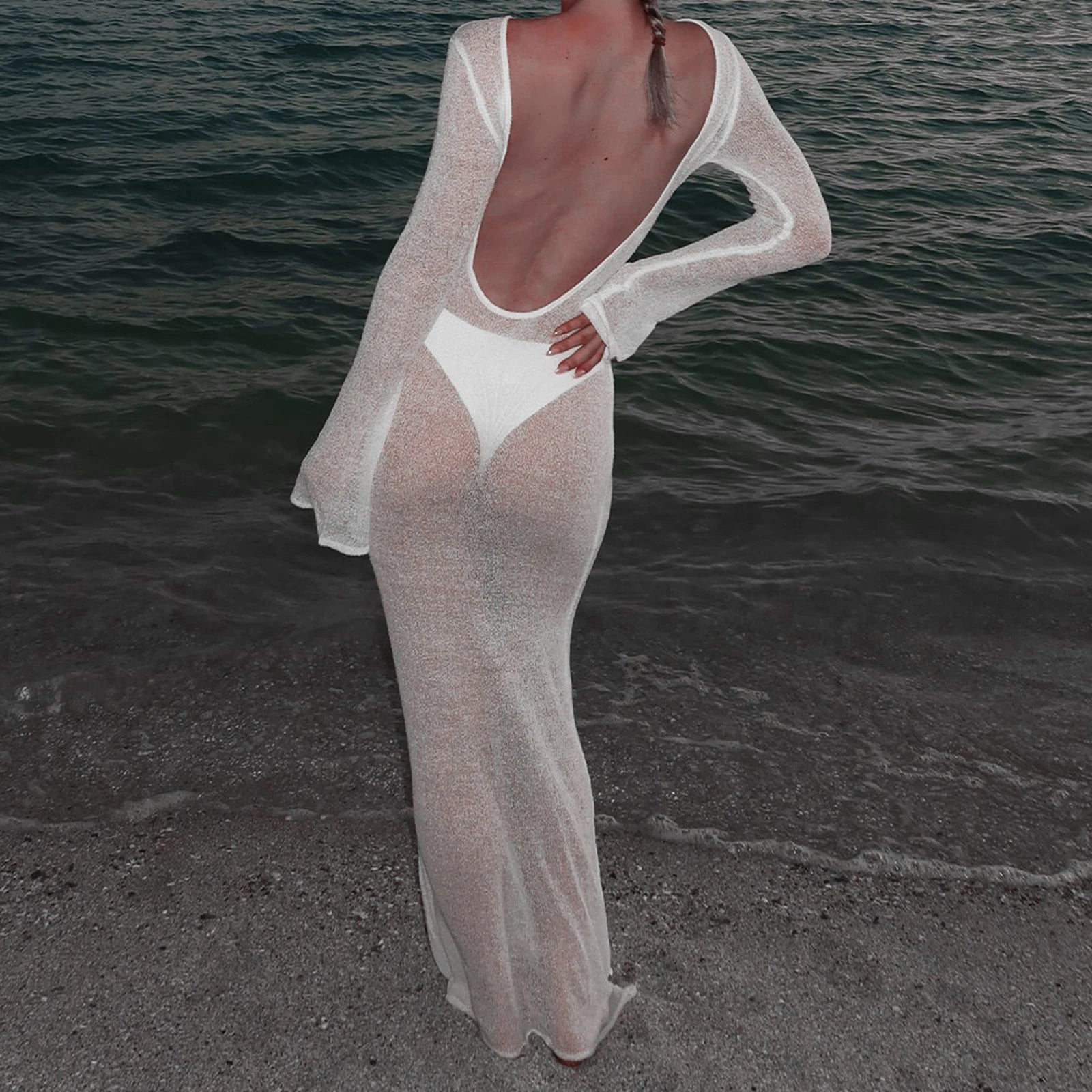 Women Summer y2k Vintage Long Sleeve Cover Up Dress Solid See-Through Backless  Aesthetic Boho Beach Vacation Maxi Dresses