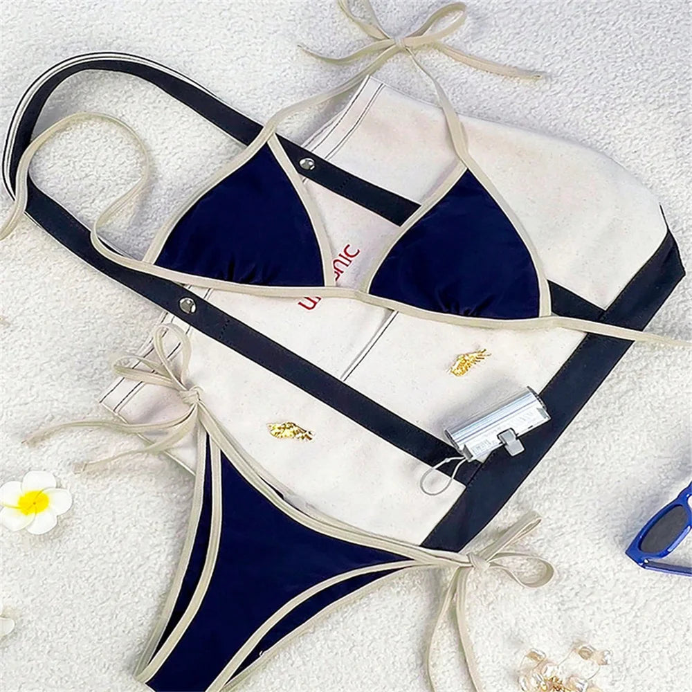 Vintage Blue Bikinis Set Triangle Border String Swimsuit Push Up Swimwear Backless Extrem Bikini Women Beach Outfit Bathing Suit