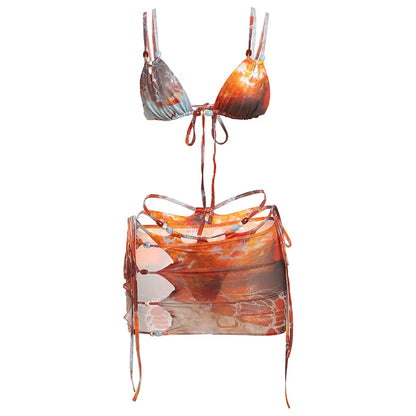 Sexy Hottie Laced up Bikini Mesh Skirt 3 Piece Set Women Split Beach Vacation Bikini 2026 New Summer Swimwea Bikini Set