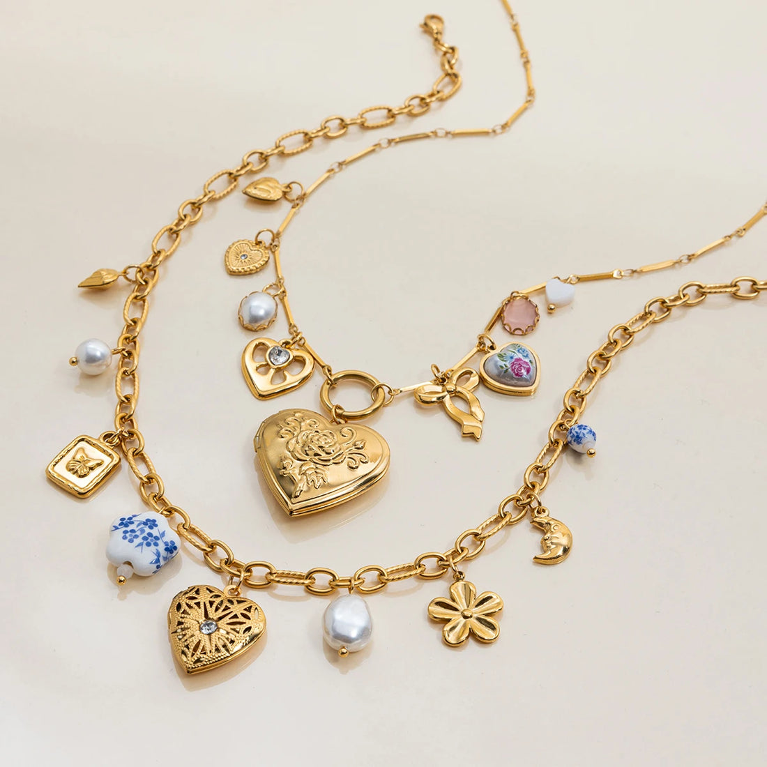 Steel Ceramic Pearl Heart Photo Box Pendant Necklace