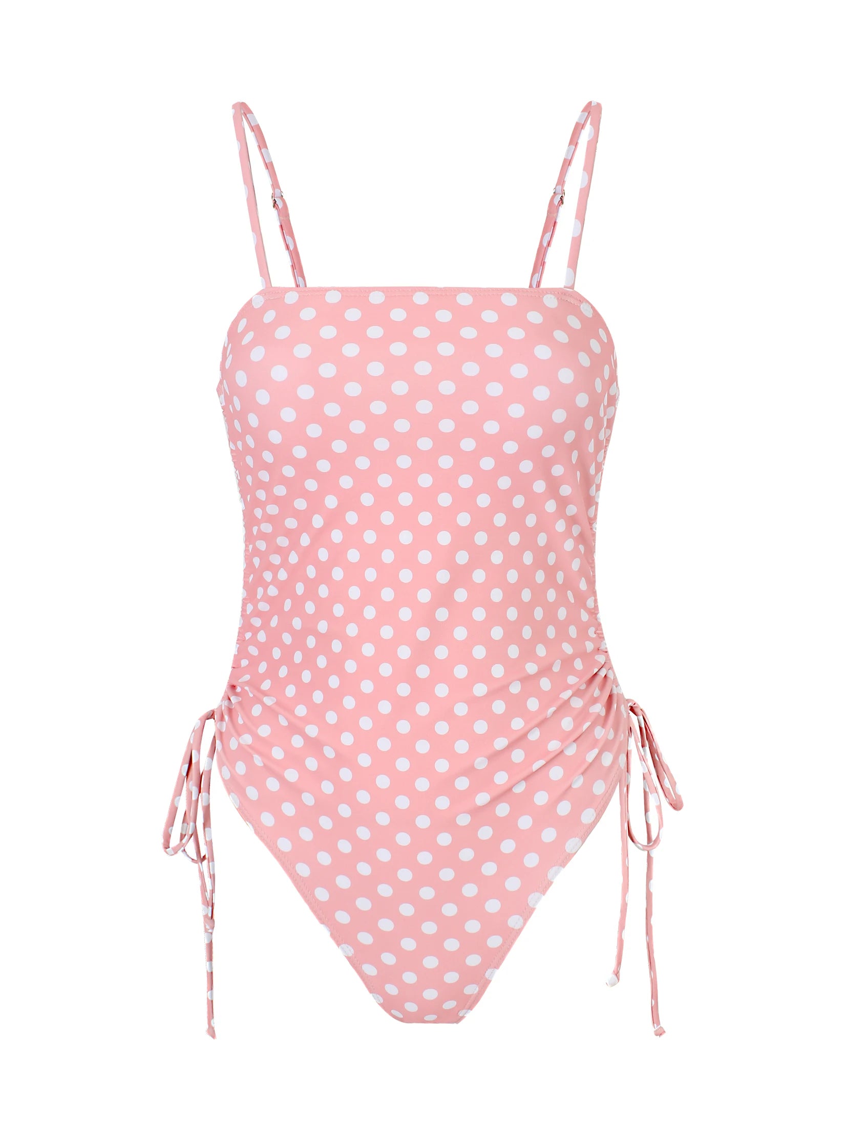 Chic Polka Dot Bikini Set High Cut Swimwear Pink Retro Swimsuit Ruched Top with Side Ties Tropical Vacation Beach Outfit K369