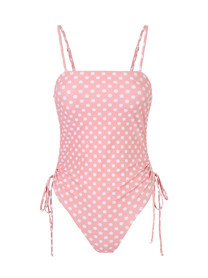 Chic Polka Dot Bikini Set High Cut Swimwear Pink Retro Swimsuit Ruched Top with Side Ties Tropical Vacation Beach Outfit K369
