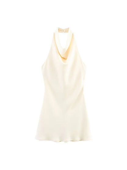 2026 Women Summer Halter Mini Dress Fashion Sexy Satin Backless Solid Female Elegant Street Party Dresses Clothing