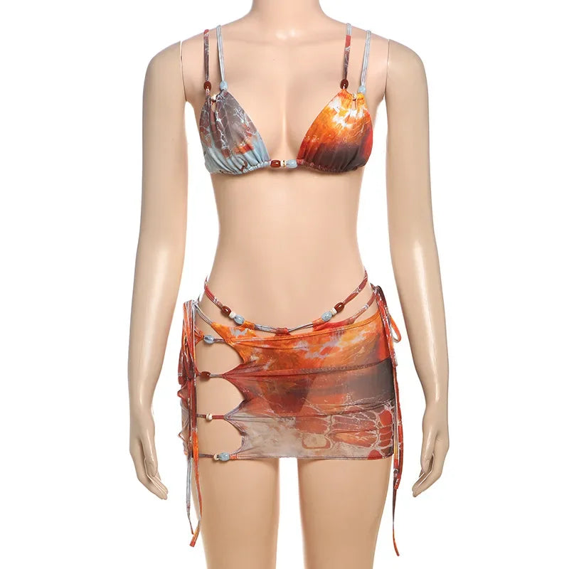 Sexy Hottie Laced up Bikini Mesh Skirt 3 Piece Set Women Split Beach Vacation Bikini 2026 New Summer Swimwea Bikini Set
