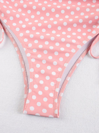 Chic Polka Dot Bikini Set High Cut Swimwear Pink Retro Swimsuit Ruched Top with Side Ties Tropical Vacation Beach Outfit K369