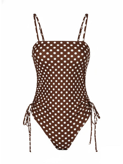 Chic Polka Dot Bikini Set High Cut Swimwear Pink Retro Swimsuit Ruched Top with Side Ties Tropical Vacation Beach Outfit K369