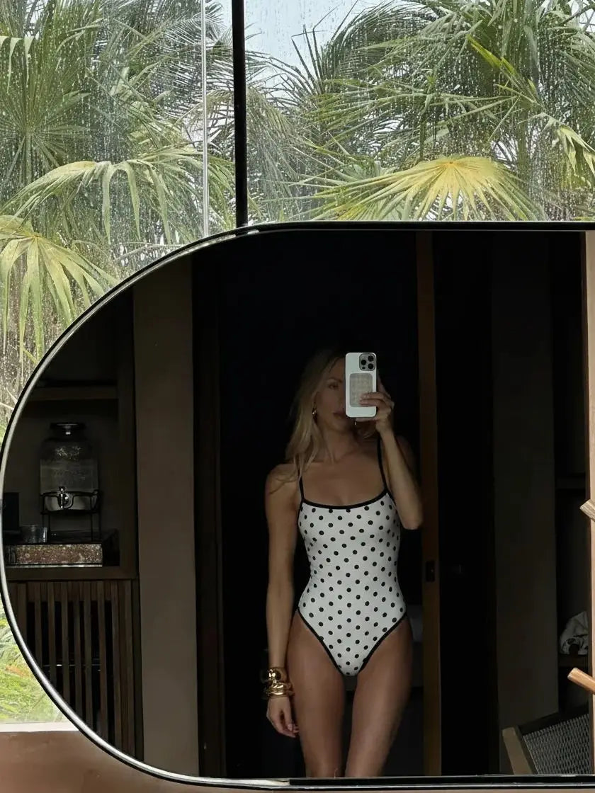 Polka Dots One Piece Swimsuit Women Bandage Swimwear Bodysuit Monokini High Leg Swim Suit Bathing Suit Beachwear