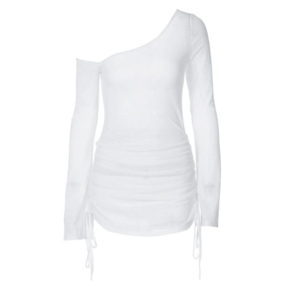 Solid Skew Collar Ruched Straps Lace-Up See Through Draw String Mini Dress 2025 Summer  Women Party Clubwear Wholesale