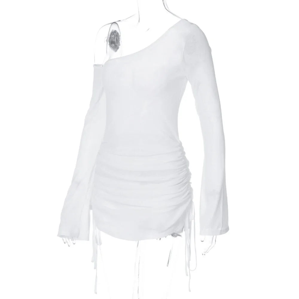 Solid Skew Collar Ruched Straps Lace-Up See-Through Draw String Mini Dress 2026 Summer Women&