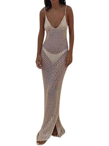 Women Knitted Beach Cover Ups Crochet Cutout Backless Beach Dress For Women Bikini Swimsuit Bathing Suit Summer Beachwear