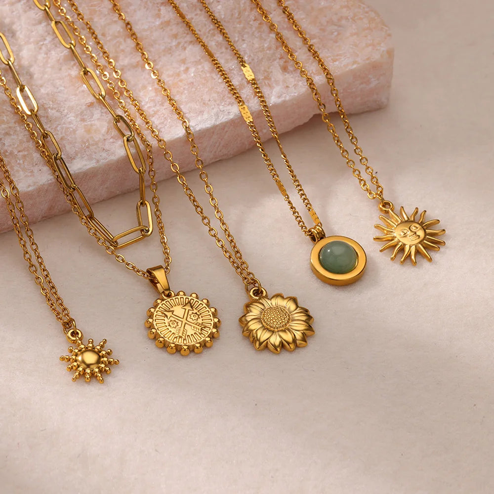 Stainless Steel Geometric Sunflower Pendant Necklace